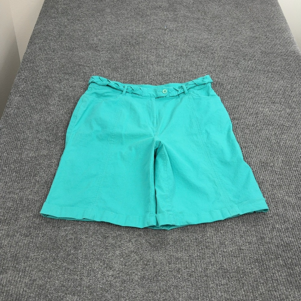 Denim & Co Shorts Women 22W Teal Linen Blend Braided Waist Bermuda Casual Summer
